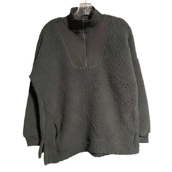 Aerie Black Sherpa Pullover Sweater Womens XS Quarter Zip Ribbed Collar Cozy - Picture 1 of 8